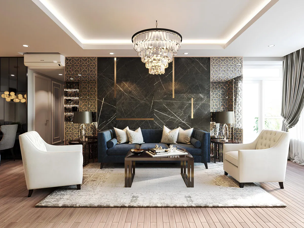 Phối cảnh phòng khách tân cổ điển có chandelier