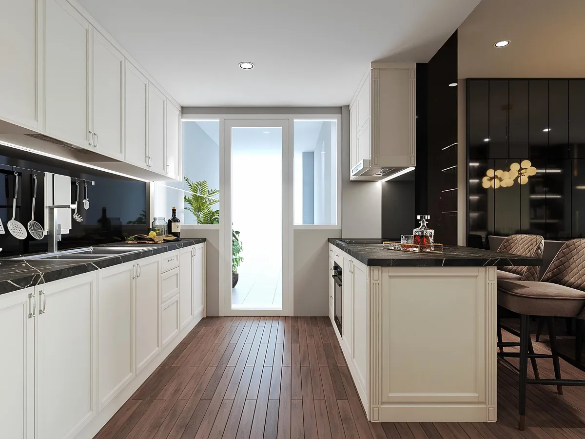 Phối cảnh bếp nội thất tủ trắng và đảo bếp
