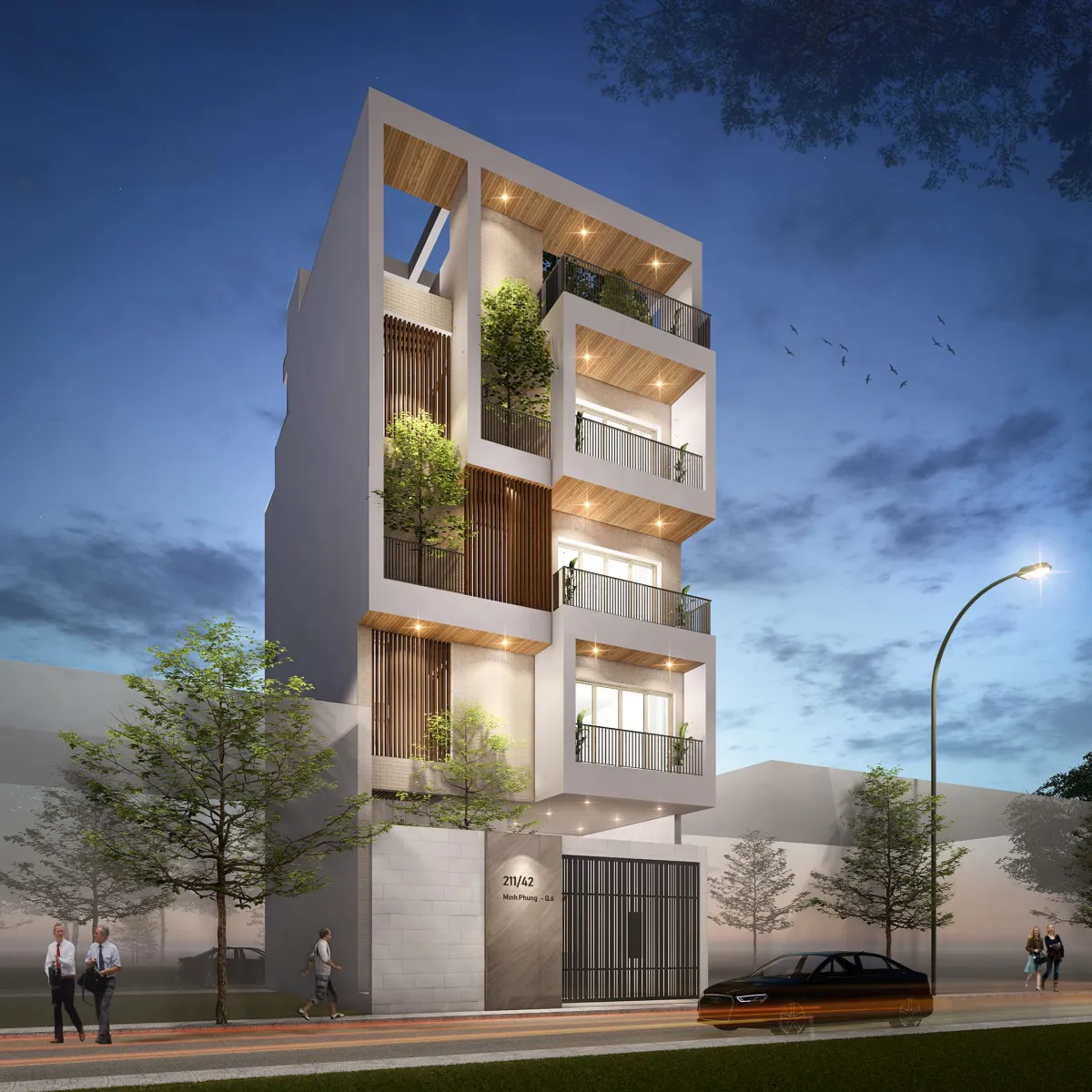 Phối cảnh mặt tiền MP Villa lúc hoàng hôn